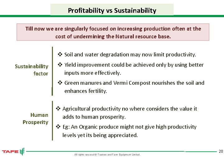 Profitability vs Sustainability Till now we are singularly focused on increasing production often at