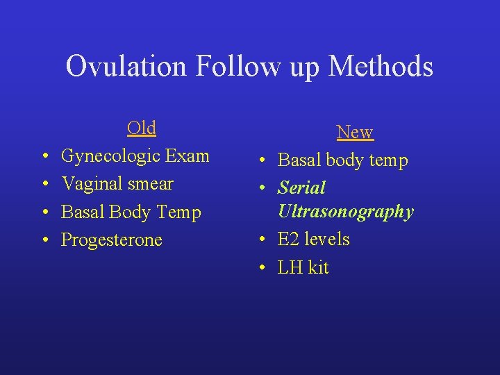 Ovulation Follow up Methods • • Old Gynecologic Exam Vaginal smear Basal Body Temp