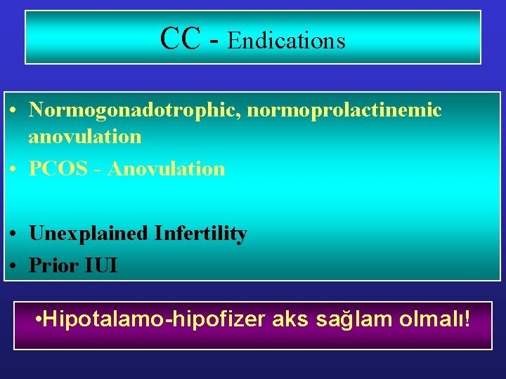 CC - Endications • Normogonadotrophic, normoprolactinemic anovulation • PCOS - Anovulation • Unexplained Infertility