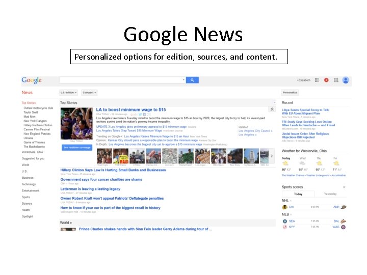 Google News Personalized options for edition, sources, and content. 