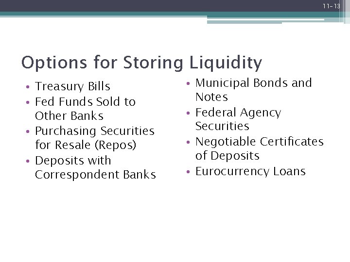 11 -13 Options for Storing Liquidity • Treasury Bills • Fed Funds Sold to