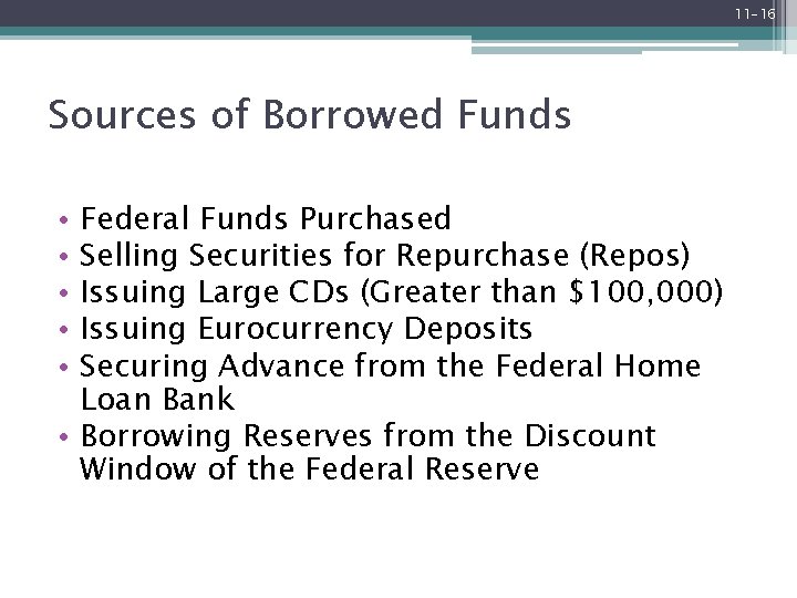 11 -16 Sources of Borrowed Funds Federal Funds Purchased Selling Securities for Repurchase (Repos)