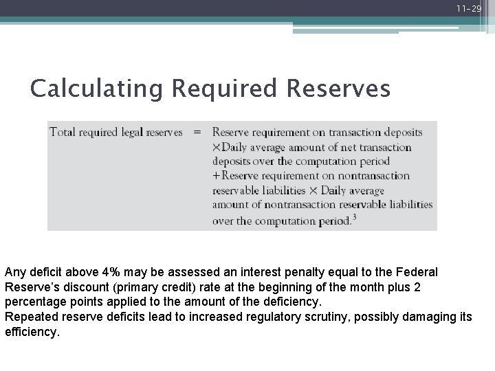 11 -29 Calculating Required Reserves Any deficit above 4% may be assessed an interest