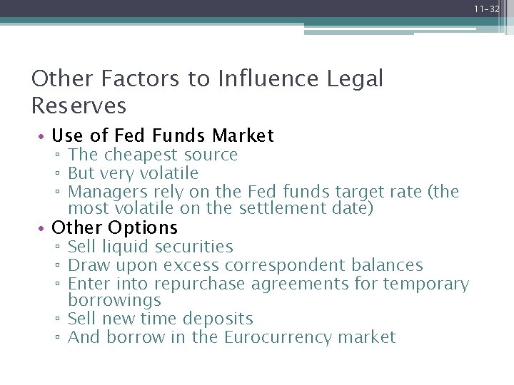 11 -32 Other Factors to Influence Legal Reserves • Use of Fed Funds Market