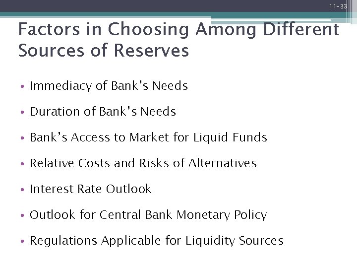 11 -33 Factors in Choosing Among Different Sources of Reserves • Immediacy of Bank’s