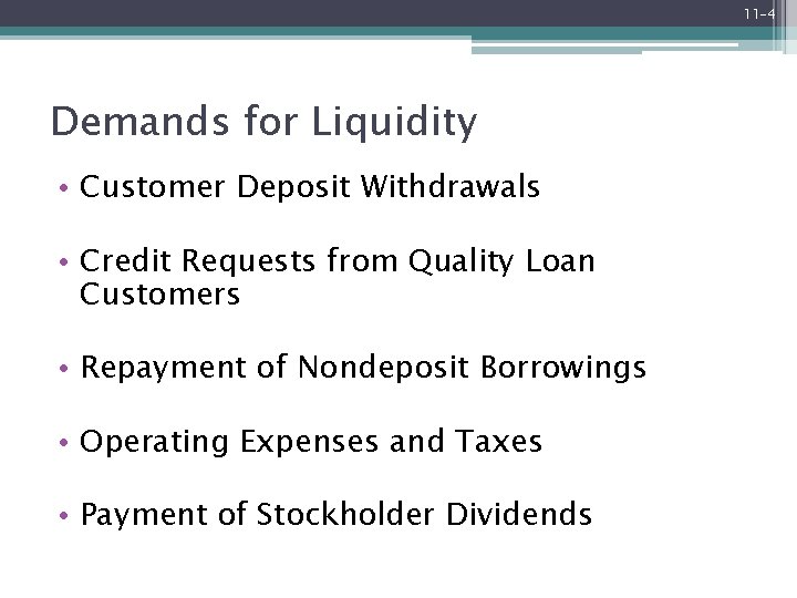 11 -4 Demands for Liquidity • Customer Deposit Withdrawals • Credit Requests from Quality