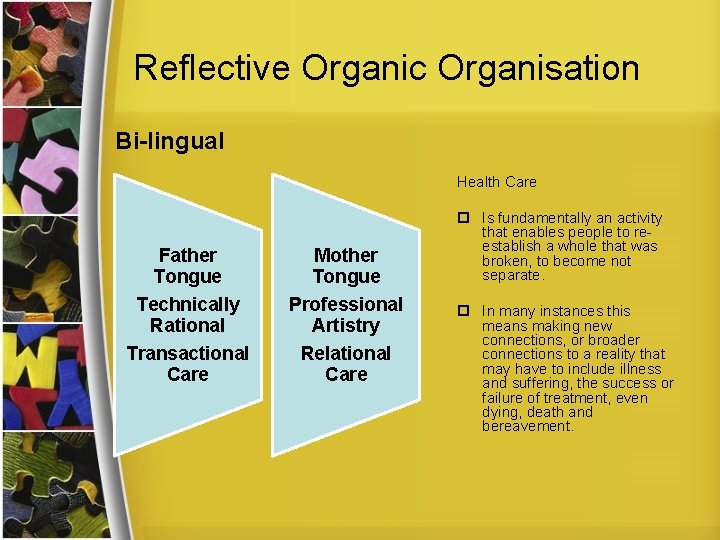 Reflective Organic Organisation Bi-lingual Health Care Father Tongue Mother Tongue Technically Rational Transactional Care