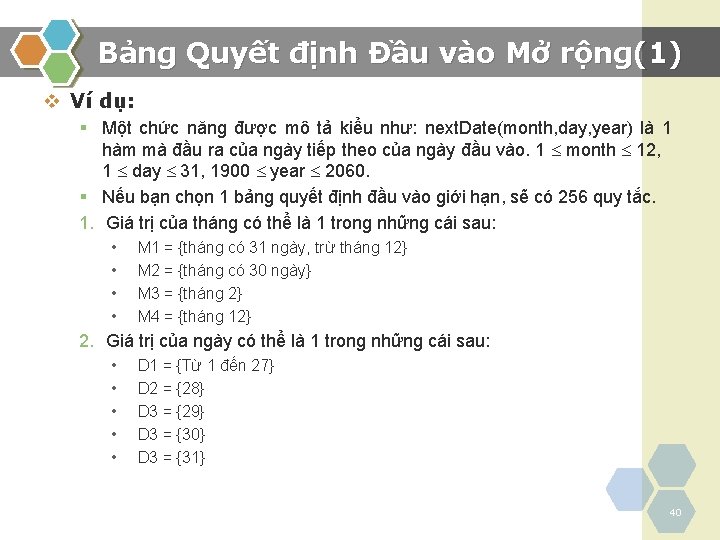 Bảng Quyết định Đầu vào Mở rộng(1) v Ví dụ: § Một chức năng