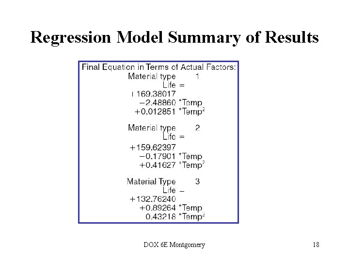 Regression Model Summary of Results DOX 6 E Montgomery 18 