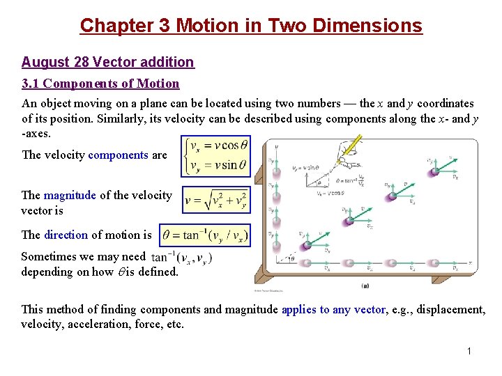 Chapter 3 Motion in Two Dimensions August 28 Vector addition 3. 1 Components of