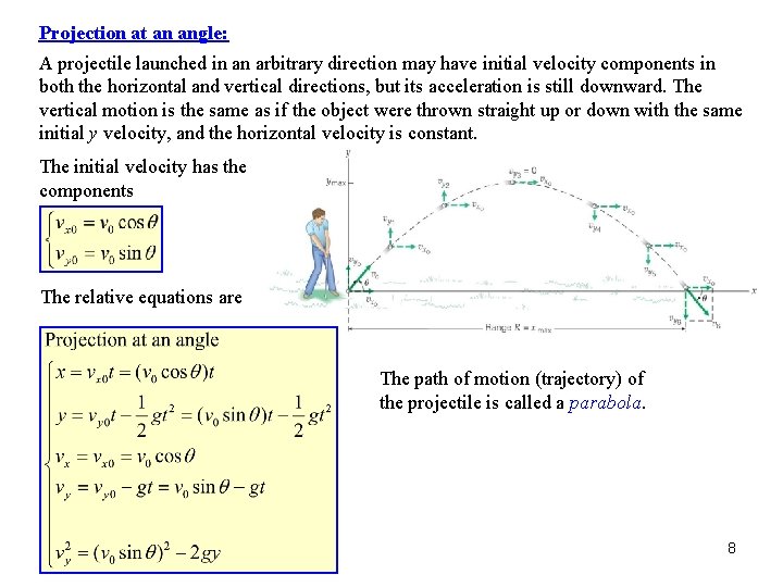 Projection at an angle: A projectile launched in an arbitrary direction may have initial