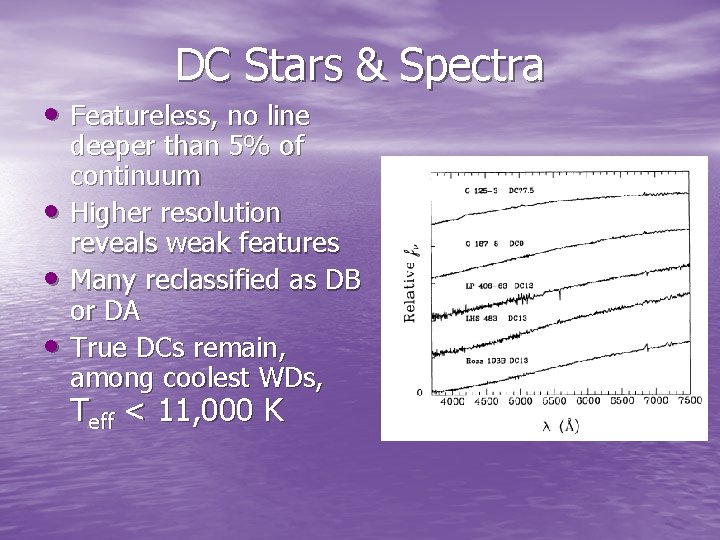 DC Stars & Spectra • Featureless, no line • • • deeper than 5% DC Stars & Spectra • Featureless, no line • • • deeper than 5%