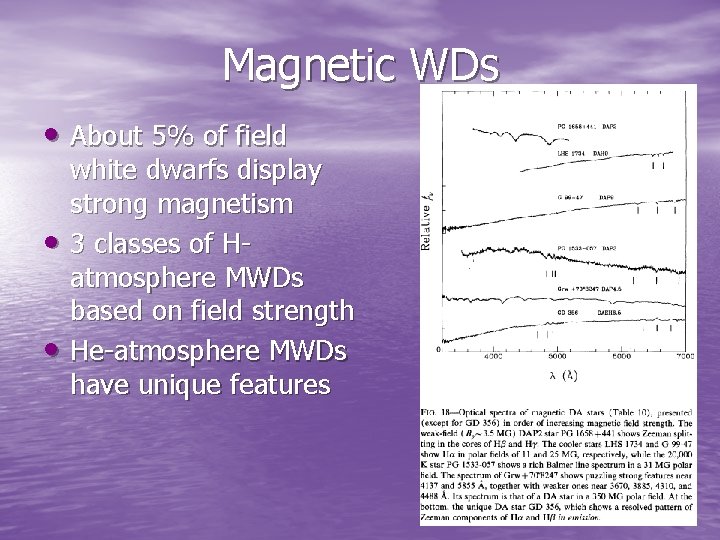 Magnetic WDs • About 5% of field • • white dwarfs display strong magnetism Magnetic WDs • About 5% of field • • white dwarfs display strong magnetism