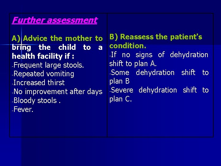 Further assessment A) Advice the mother to bring the child to a health facility