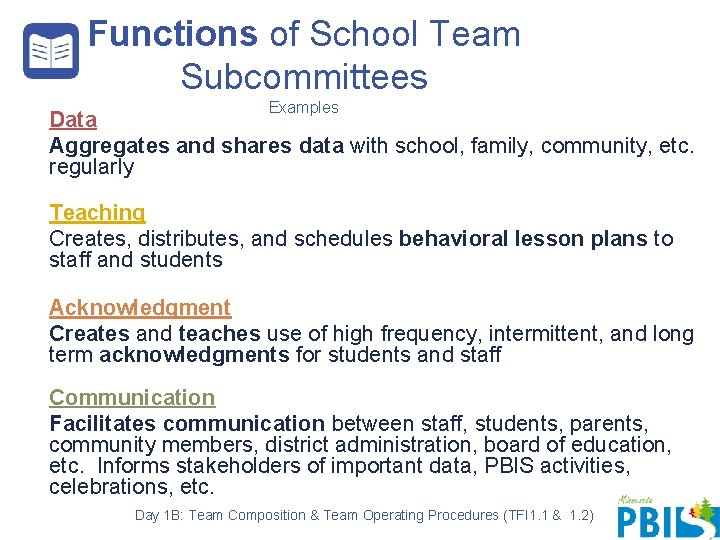 Functions of School Team Subcommittees Examples Data Aggregates and shares data with school, family,