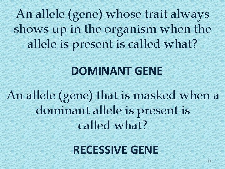 An allele (gene) whose trait always shows up in the organism when the allele