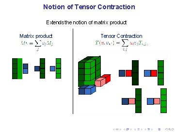 Notion of Tensor Contraction Extends the notion of matrix product Matrix product Tensor Contraction