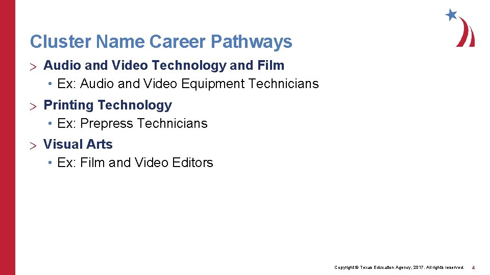 Cluster Name Career Pathways > Audio and Video Technology and Film • Ex: Audio