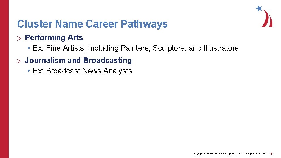 Cluster Name Career Pathways > Performing Arts • Ex: Fine Artists, Including Painters, Sculptors,