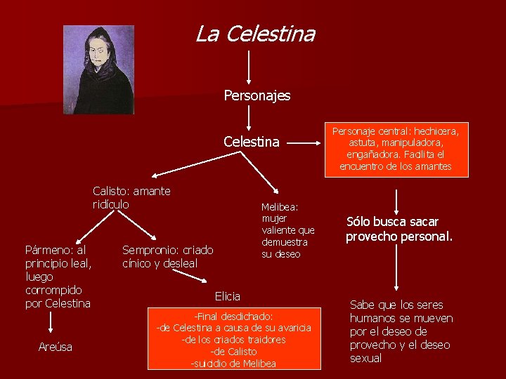 La Celestina Personajes Celestina Calisto: amante ridículo Pármeno: al principio leal, luego corrompido por