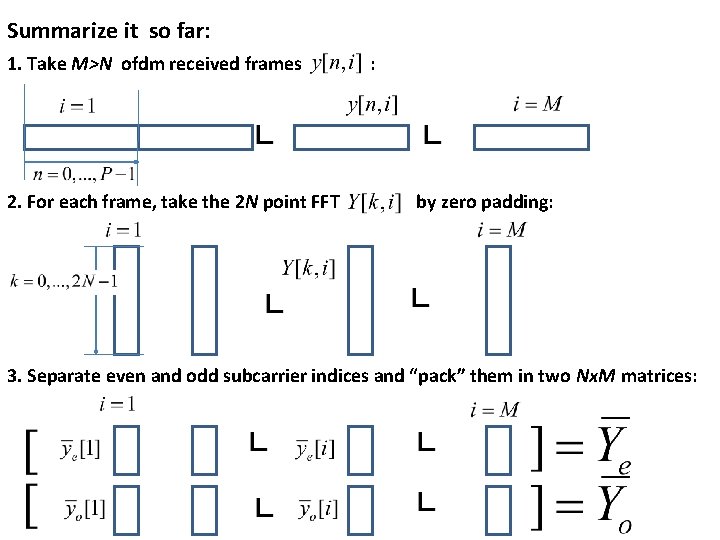 Summarize it so far: 1. Take M>N ofdm received frames 2. For each frame,