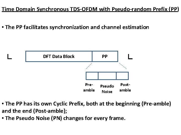 Time Domain Synchronous TDS-OFDM with Pseudo-random Prefix (PP) • The PP facilitates synchronization and