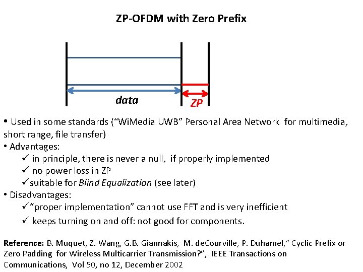 ZP-OFDM with Zero Prefix data ZP • Used in some standards (“Wi. Media UWB”