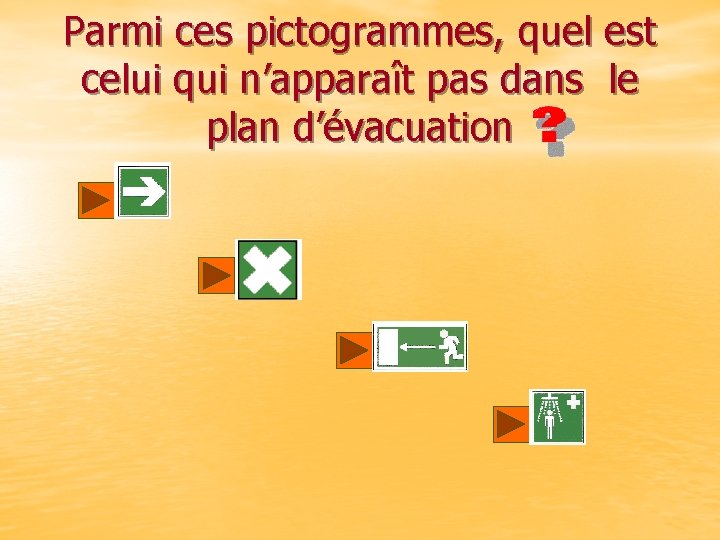 Parmi ces pictogrammes, quel est celui qui n’apparaît pas dans le plan d’évacuation 