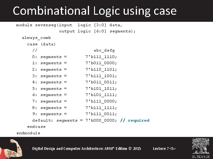 Combinational Logic using case module sevenseg(input logic [3: 0] data, output logic [6: 0]