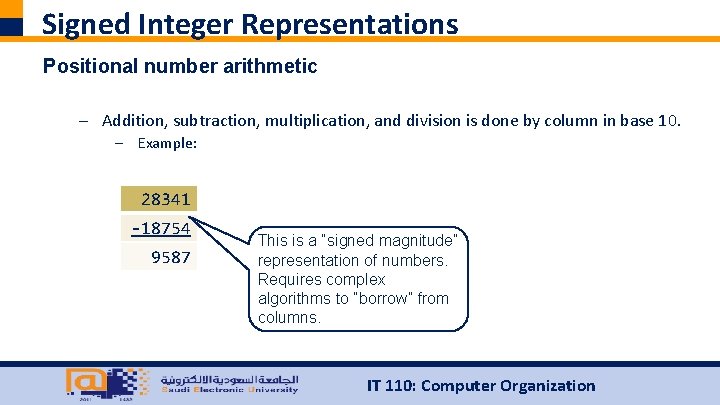 Signed Integer Representations Positional number arithmetic – Addition, subtraction, multiplication, and division is done