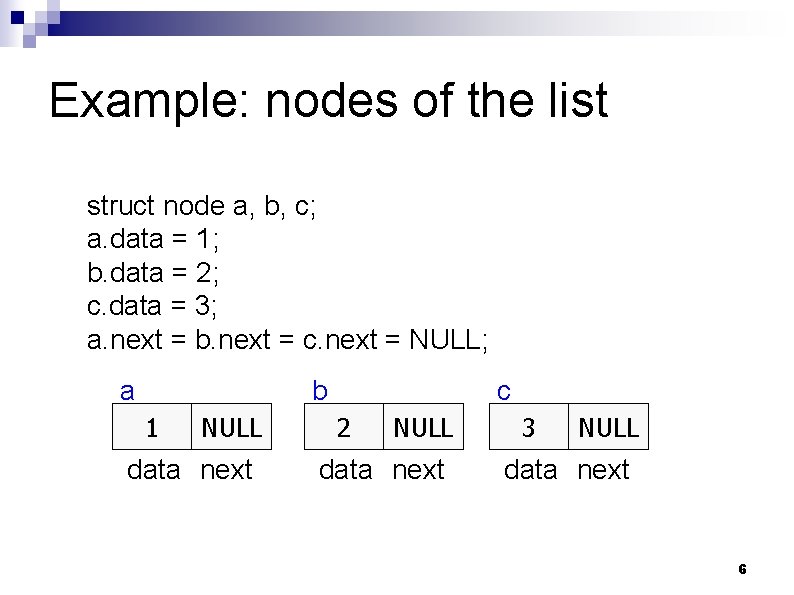 Example: nodes of the list struct node a, b, c; a. data = 1;