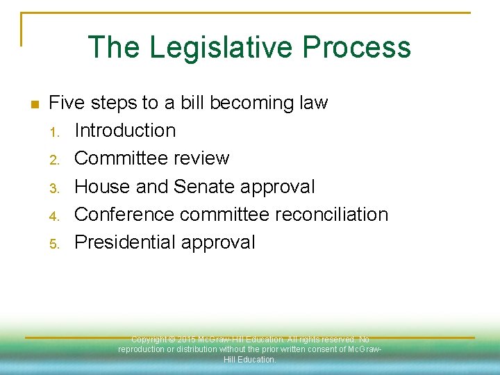 The Legislative Process n Five steps to a bill becoming law 1. Introduction 2.