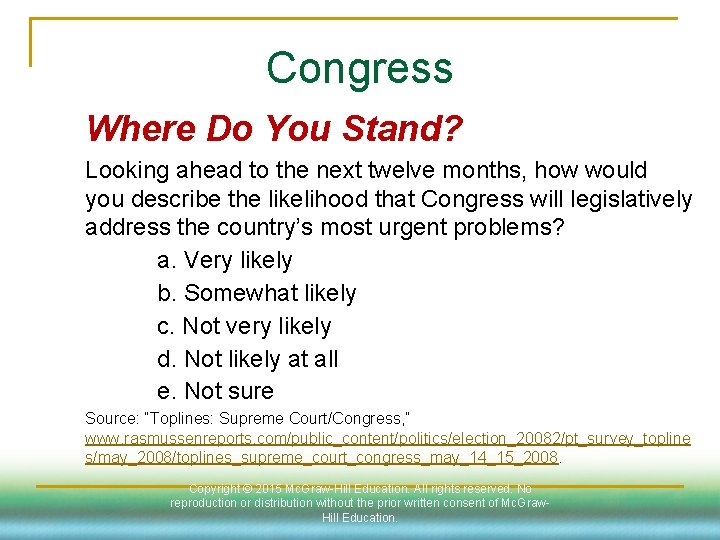 Congress Where Do You Stand? Looking ahead to the next twelve months, how would