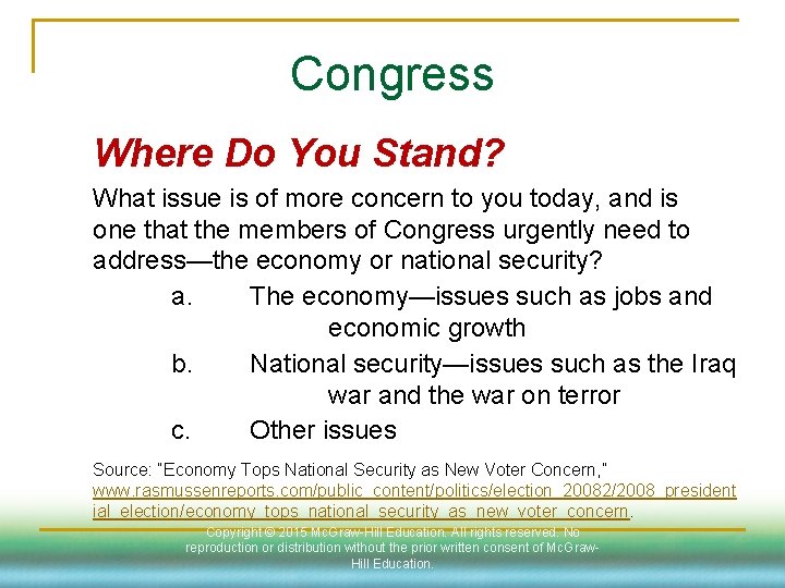 Congress Where Do You Stand? What issue is of more concern to you today,