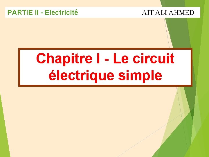 PARTIE II - Electricité AIT ALI AHMED Chapitre I - Le circuit électrique simple