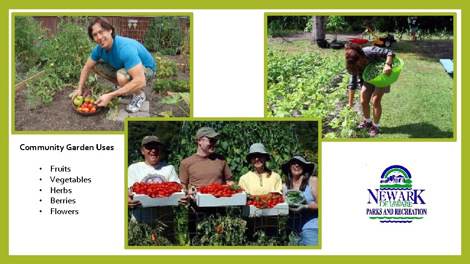 Community Garden Uses • • • Fruits Vegetables Herbs Berries Flowers 