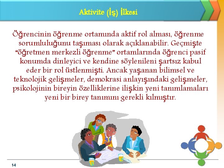 Aktivite (İş) İlkesi Öğrencinin öğrenme ortamında aktif rol alması, öğrenme sorumluluğunu taşıması olarak açıklanabilir.