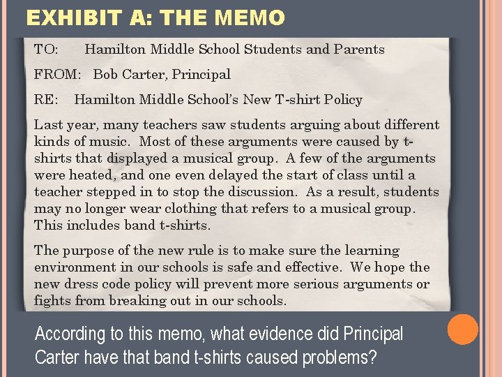 EXHIBIT A: THE MEMO TO: Hamilton Middle School Students and Parents FROM: Bob Carter,
