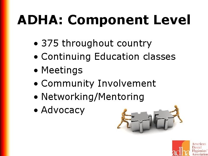 ADHA: Component Level • 375 throughout country • Continuing Education classes • Meetings •