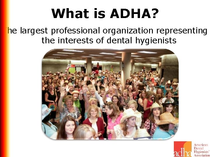 What is ADHA? The largest professional organization representing the interests of dental hygienists 