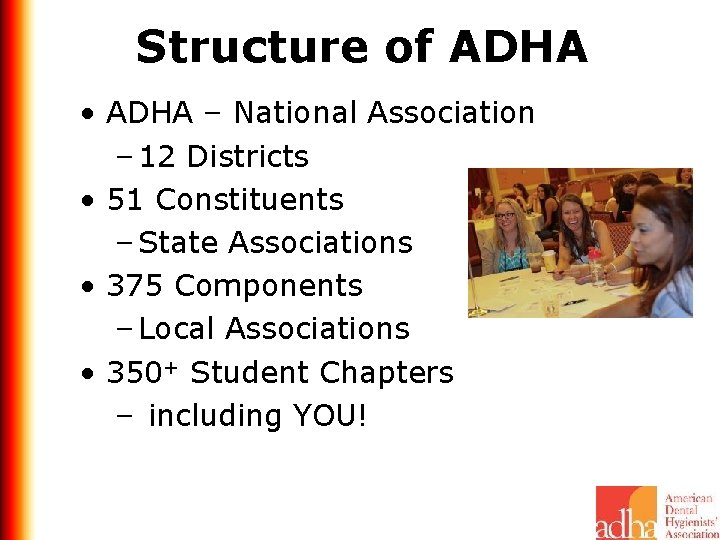 Structure of ADHA • ADHA – National Association – 12 Districts • 51 Constituents