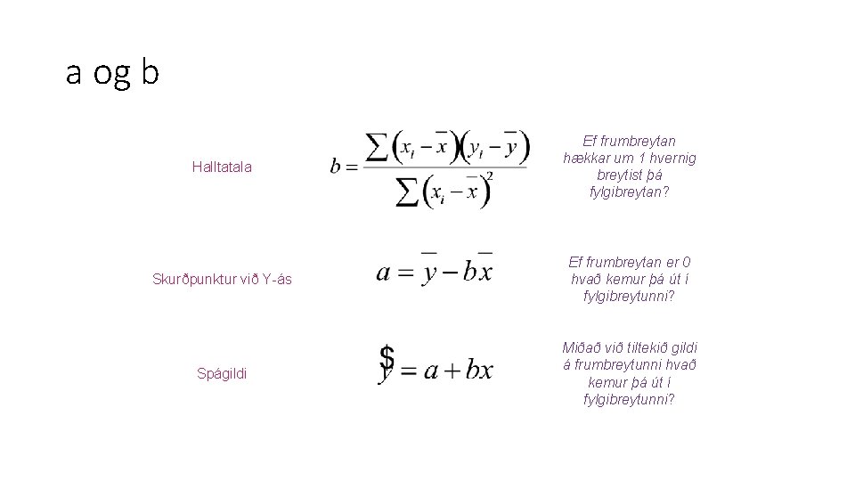 a og b Halltatala Ef frumbreytan hækkar um 1 hvernig breytist þá fylgibreytan? Skurðpunktur