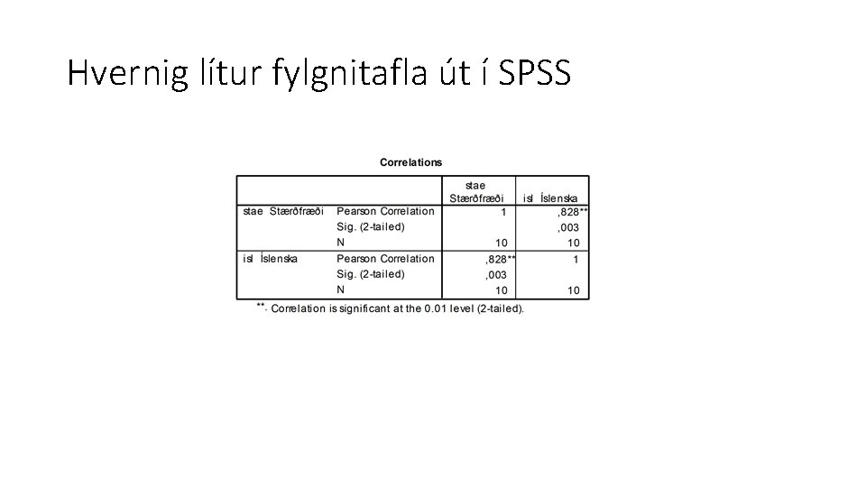 Hvernig lítur fylgnitafla út í SPSS 