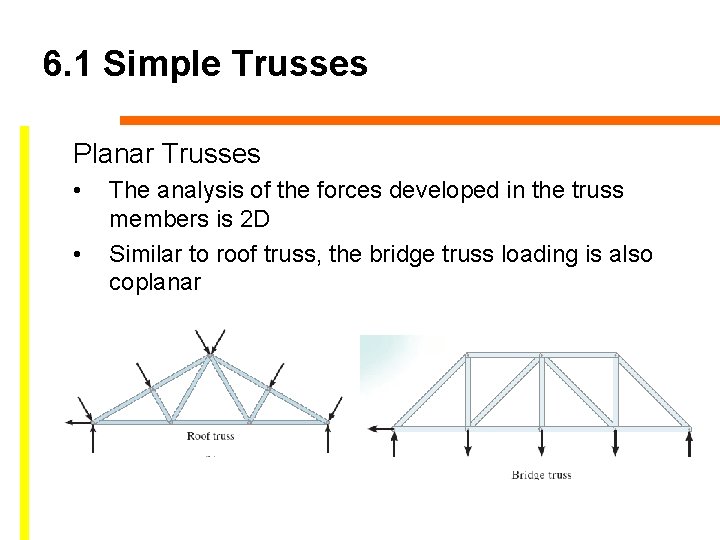 6. 1 Simple Trusses Planar Trusses • • The analysis of the forces developed