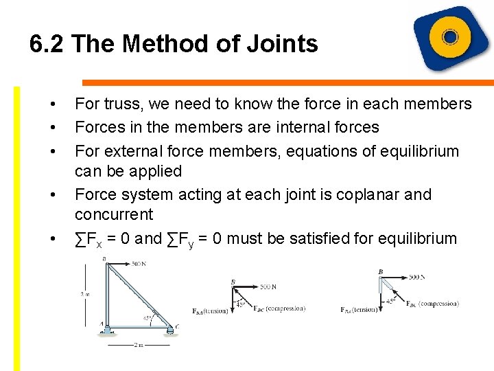 6. 2 The Method of Joints • • • For truss, we need to