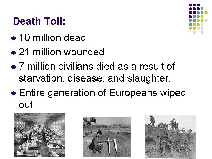 Death Toll: 10 million dead l 21 million wounded l 7 million civilians died