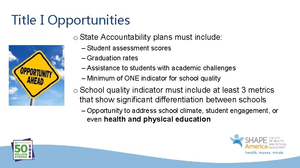 Title I Opportunities o State Accountability plans must include: – Student assessment scores –