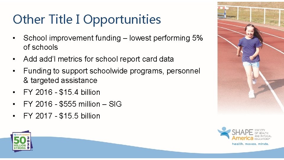 Other Title I Opportunities • School improvement funding – lowest performing 5% of schools