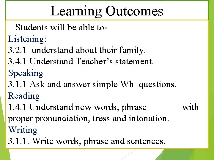 Learning Outcomes Students will be able to. Listening: 3. 2. 1 understand about their