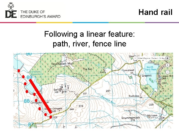 Hand rail Following a linear feature: path, river, fence line 